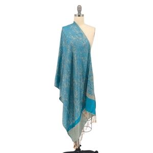Pashmina Cashmere Floral Jacquard Fringe Scarf Blue Cream preppy coastal grandma